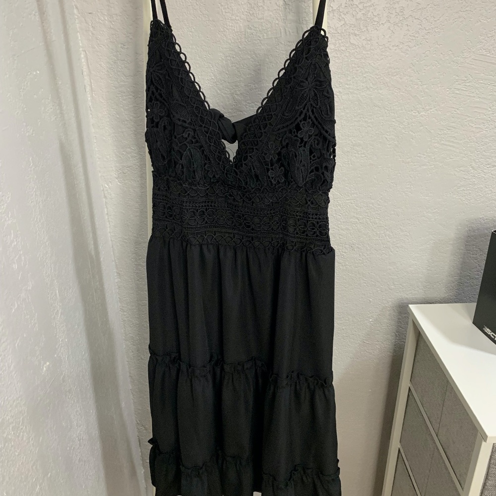 NWT Black Lace Skater Dress with Open-Tie Back, Size Medium